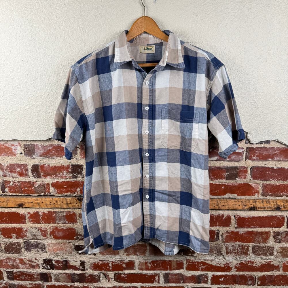 Vintage LL Bean Shirt Size XL Tan Blue Plaid Cool Weave Short Sleeve Button Up